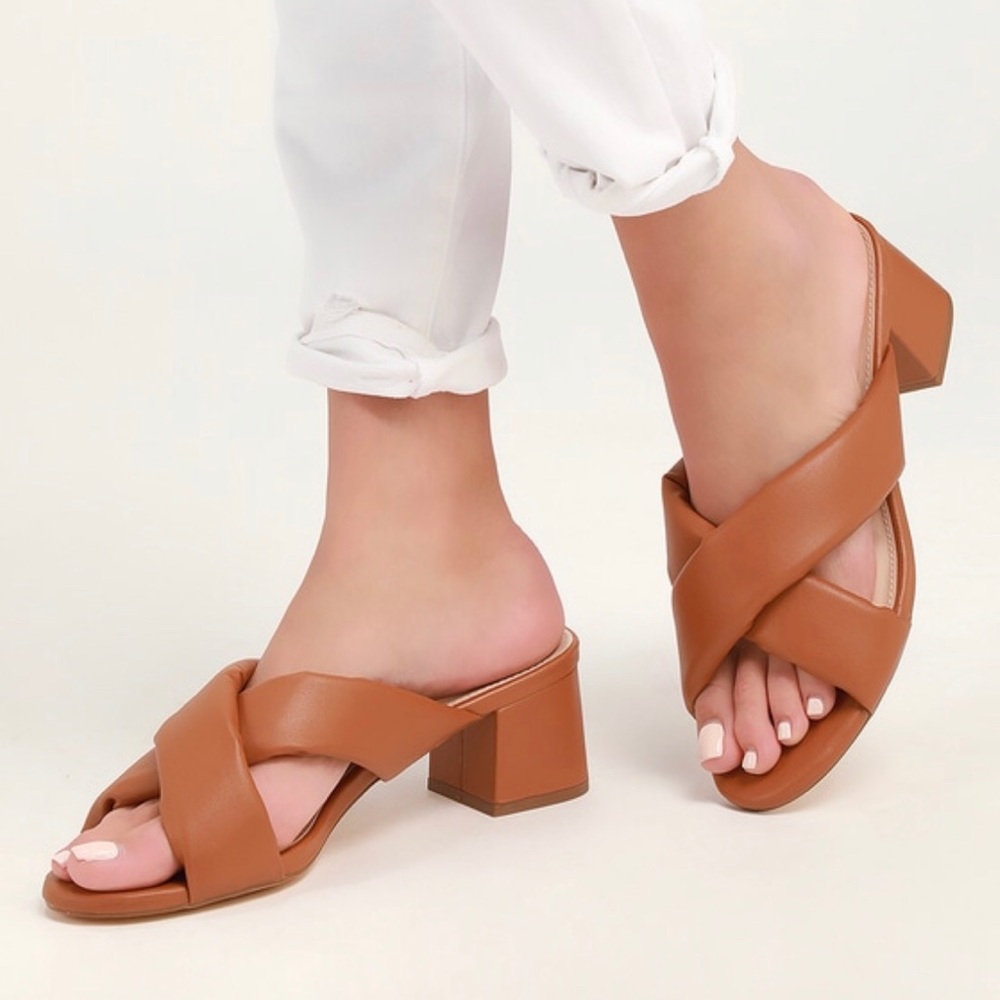 Camel peep toe mules